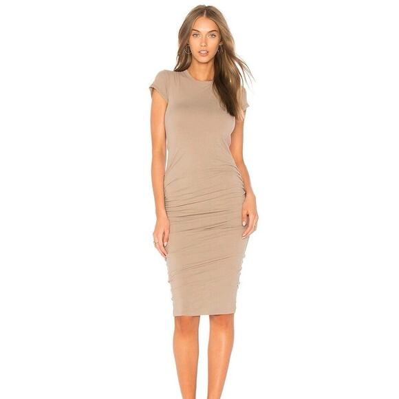 NWT Standard James Perse Dress Classic Skinny Coyote Beige Midi Rouched Minimal - Picture 2 of 9